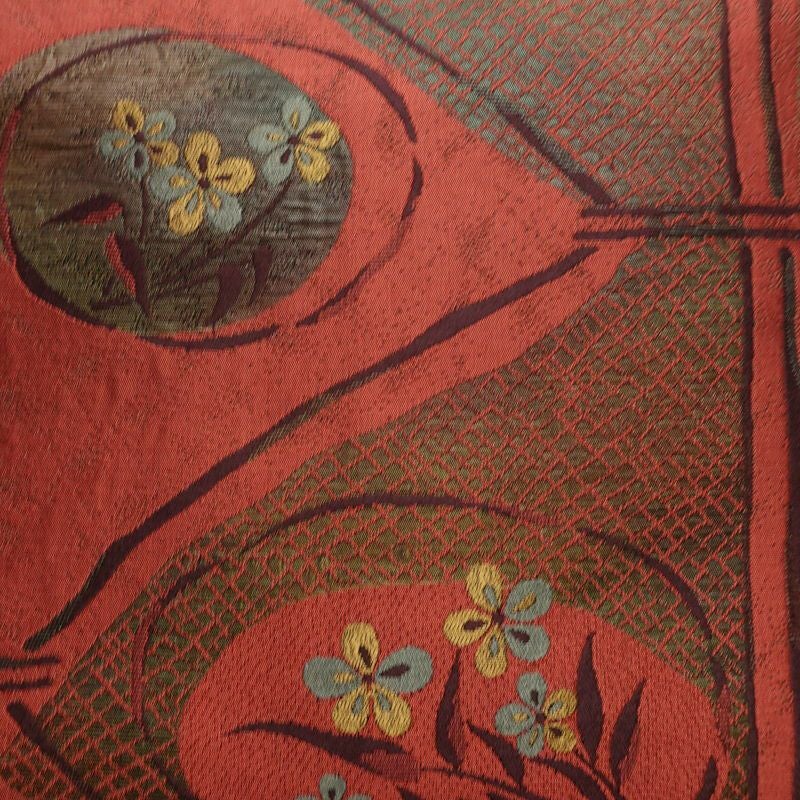 名古屋帯 六通柄 正絹 花柄 名古屋仕立て 帯 小豆・エンジ_画像2