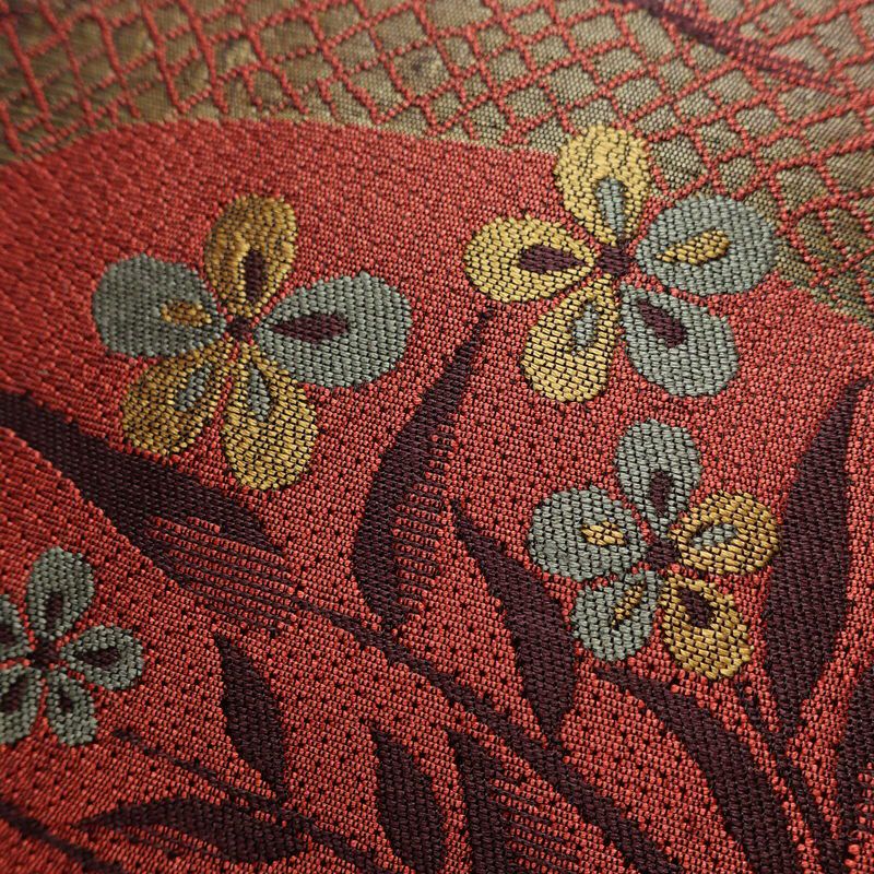 名古屋帯 六通柄 正絹 花柄 名古屋仕立て 帯 小豆・エンジ_画像3