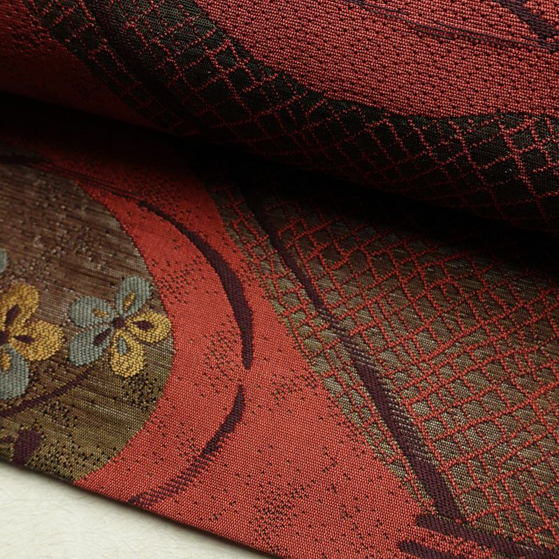 名古屋帯 六通柄 正絹 花柄 名古屋仕立て 帯 小豆・エンジ_画像7