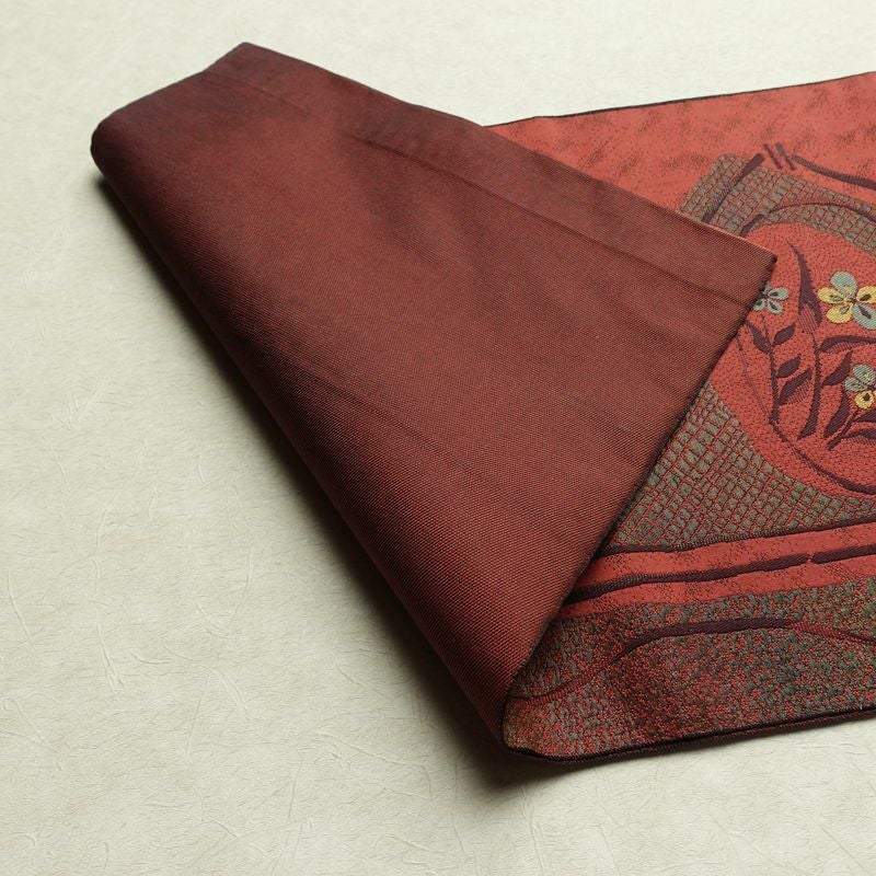 名古屋帯 六通柄 正絹 花柄 名古屋仕立て 帯 小豆・エンジ_画像9