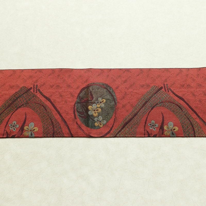 名古屋帯 六通柄 正絹 花柄 名古屋仕立て 帯 小豆・エンジ_画像13