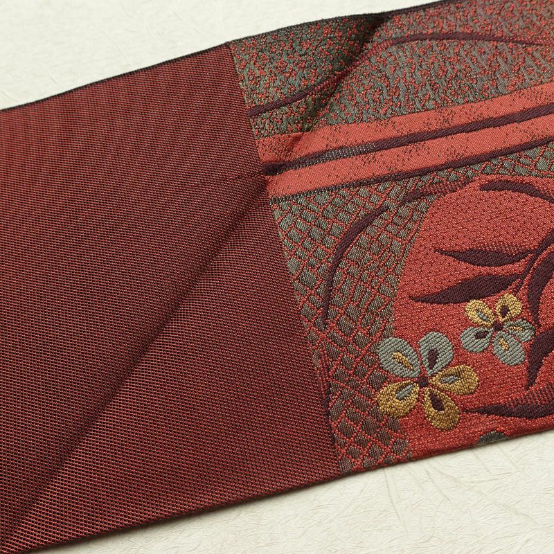 名古屋帯 六通柄 正絹 花柄 名古屋仕立て 帯 小豆・エンジ_画像15