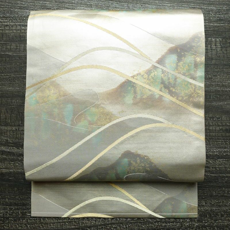 名古屋帯 六通柄 正絹 風景柄 名古屋仕立て 箔 帯 紫・藤色_画像1