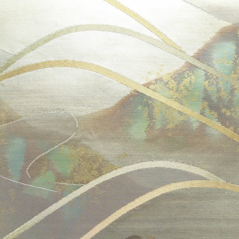 名古屋帯 六通柄 正絹 風景柄 名古屋仕立て 箔 帯 紫・藤色_画像2