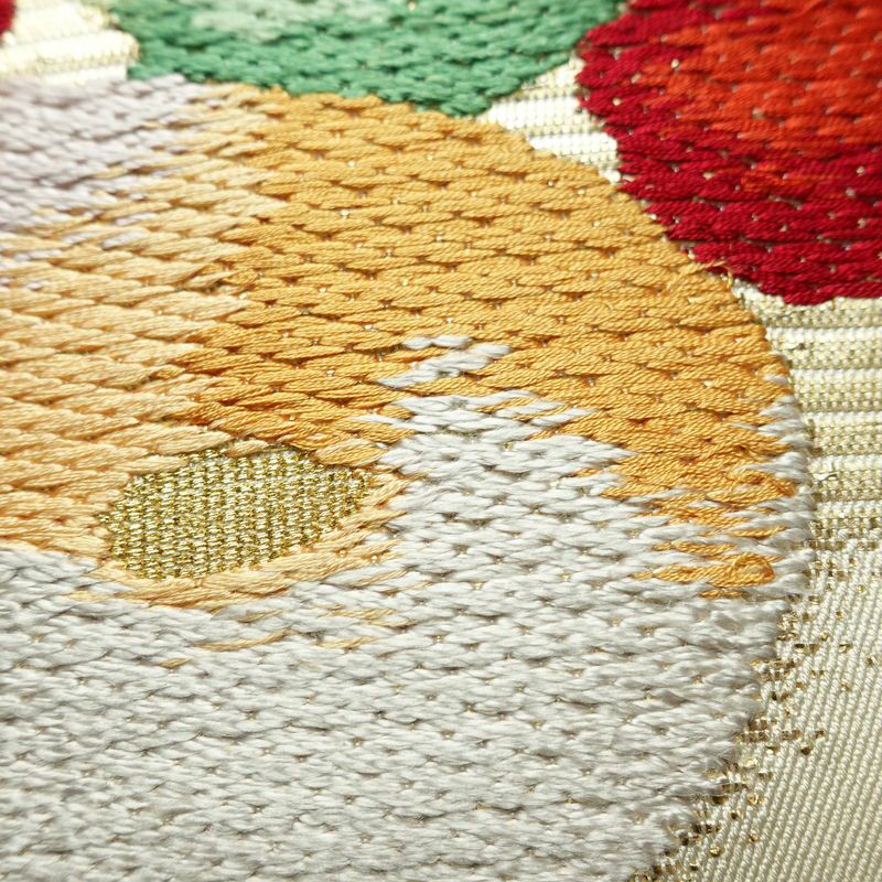 名古屋帯 太鼓柄 正絹 花柄 名古屋仕立て 箔 帯 クリーム_画像4