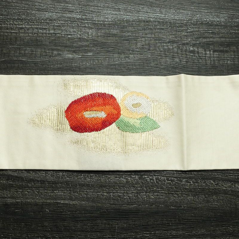 名古屋帯 太鼓柄 正絹 花柄 名古屋仕立て 箔 帯 クリーム_画像14