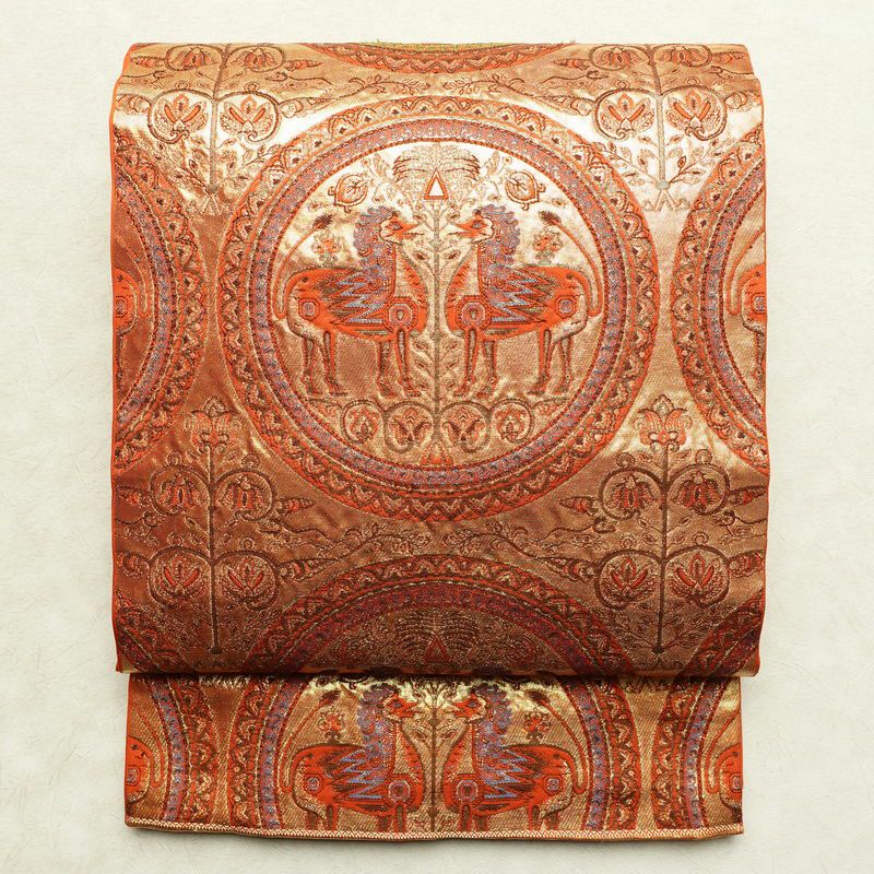 袋帯 六通柄 純金箔 24K フォーマル用 正絹 幾何学柄・抽象柄 箔 帯 橙_画像1