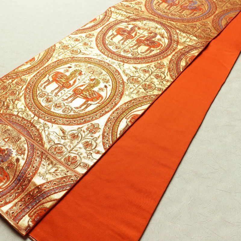 袋帯 六通柄 純金箔 24K フォーマル用 正絹 幾何学柄・抽象柄 箔 帯 橙_画像8