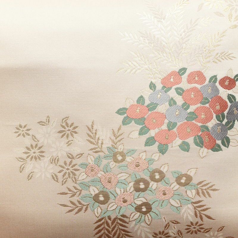 名古屋帯 六通柄 美品 しつけ糸付き 正絹 花柄 名古屋仕立て 箔 帯 椿 ピンク_画像2