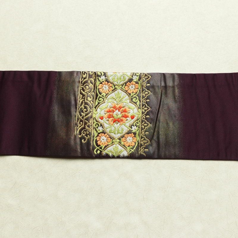 名古屋帯 太鼓柄 正絹 木の葉・植物柄 名古屋仕立て 箔 金糸 帯 紫・藤色_画像12