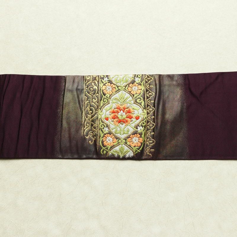 名古屋帯 太鼓柄 正絹 木の葉・植物柄 名古屋仕立て 箔 金糸 帯 紫・藤色_画像13