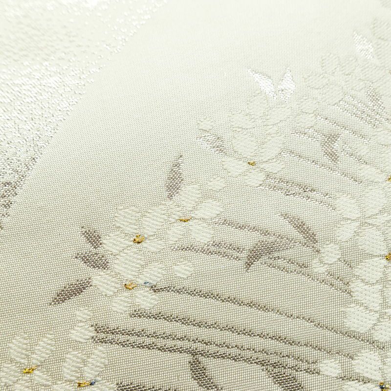 名古屋帯 太鼓柄 美品 正絹 花柄 名古屋仕立て 箔 帯 白_画像6