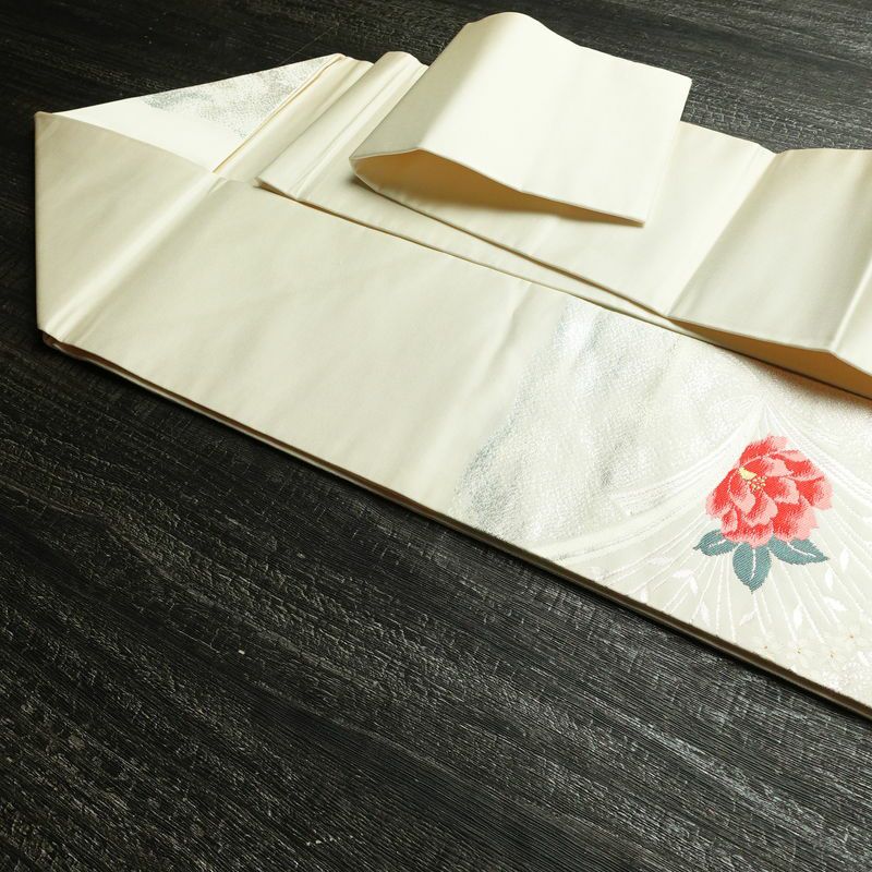 名古屋帯 太鼓柄 美品 正絹 花柄 名古屋仕立て 箔 帯 白_画像21