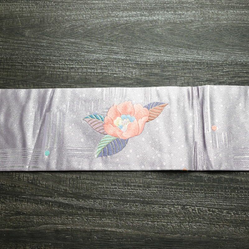 名古屋帯 太鼓柄 良品 正絹 花柄 名古屋仕立て 箔 刺繍 金糸 帯 紫・藤色_画像12