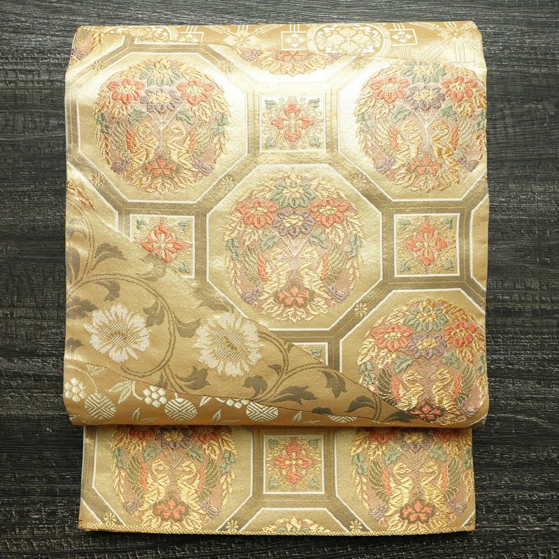 袋帯 金彩正倉院 六通柄 良品 フォーマル用 正絹 幾何学柄・抽象柄 箔 帯 金・銀_画像1