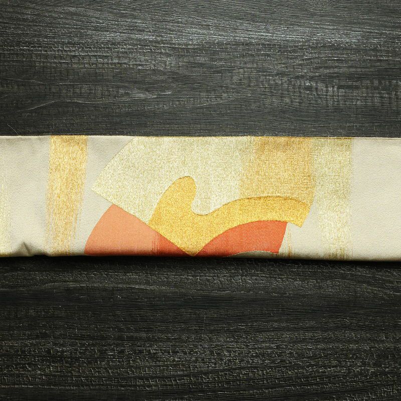 袋帯 太鼓柄 フォーマル用 正絹 古典柄 箔 金通し 帯 扇面 クリーム_画像15