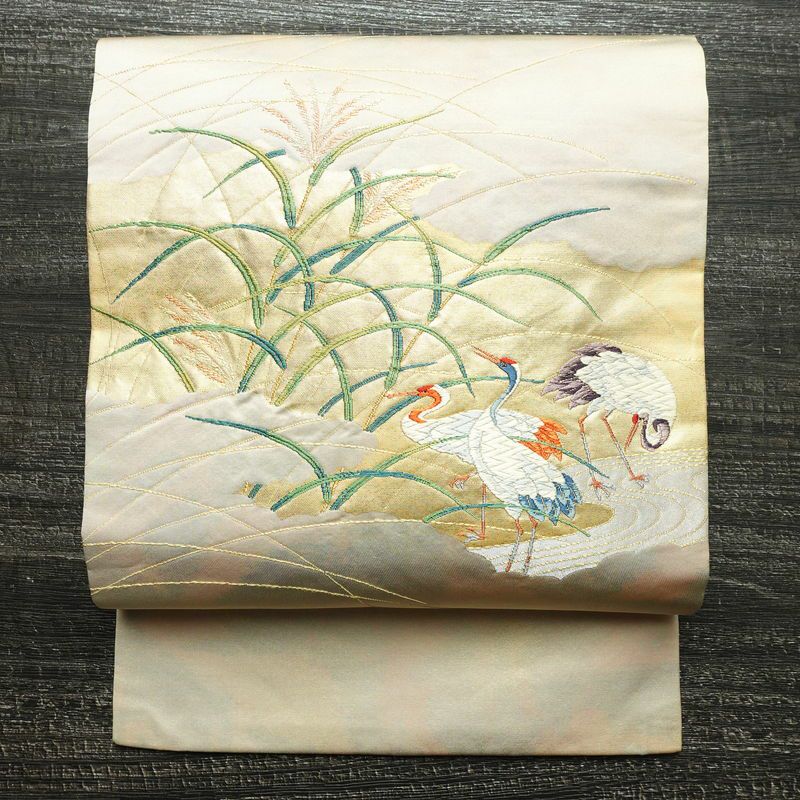 名古屋帯 太鼓柄 正絹 古典柄 名古屋仕立て 箔 刺繍 金糸 帯 ベージュ