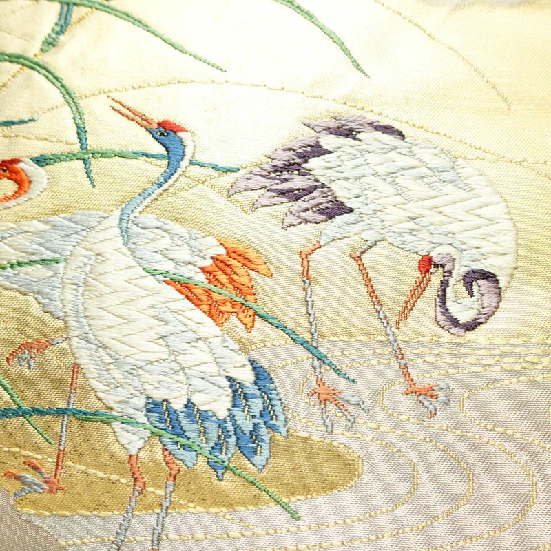 名古屋帯 太鼓柄 正絹 人物・動物柄 名古屋仕立て 箔 帯 ベージュ_画像3