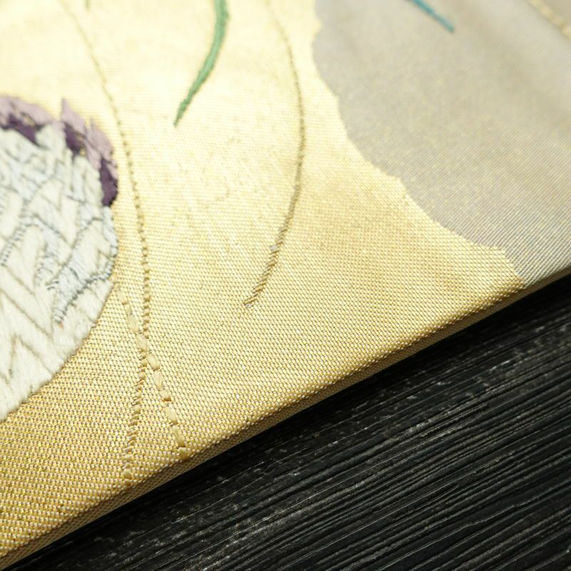 名古屋帯 太鼓柄 正絹 人物・動物柄 名古屋仕立て 箔 帯 ベージュ_画像12