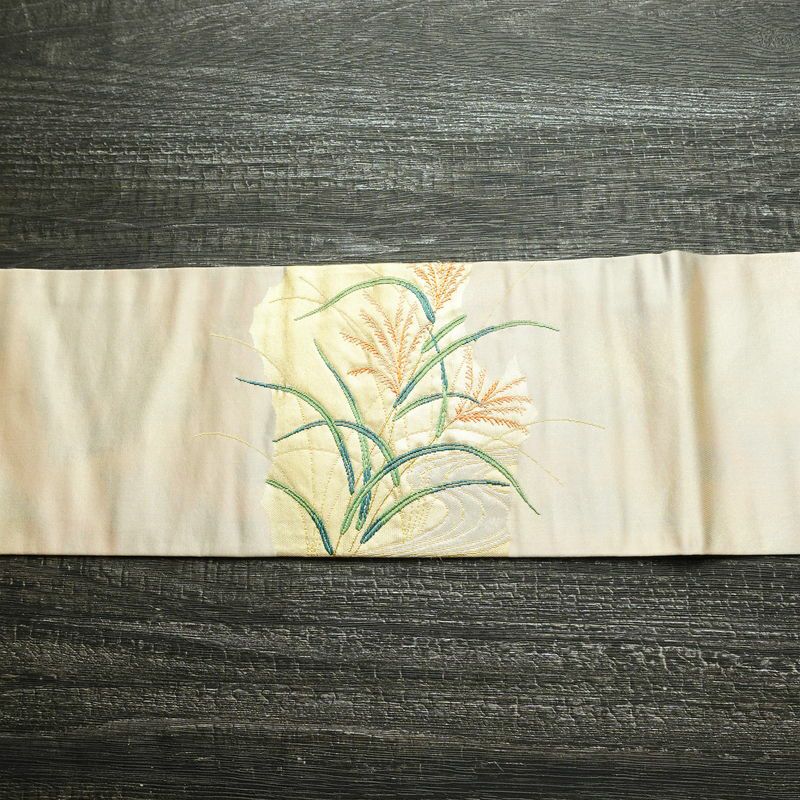 名古屋帯 太鼓柄 正絹 人物・動物柄 名古屋仕立て 箔 帯 ベージュ_画像13