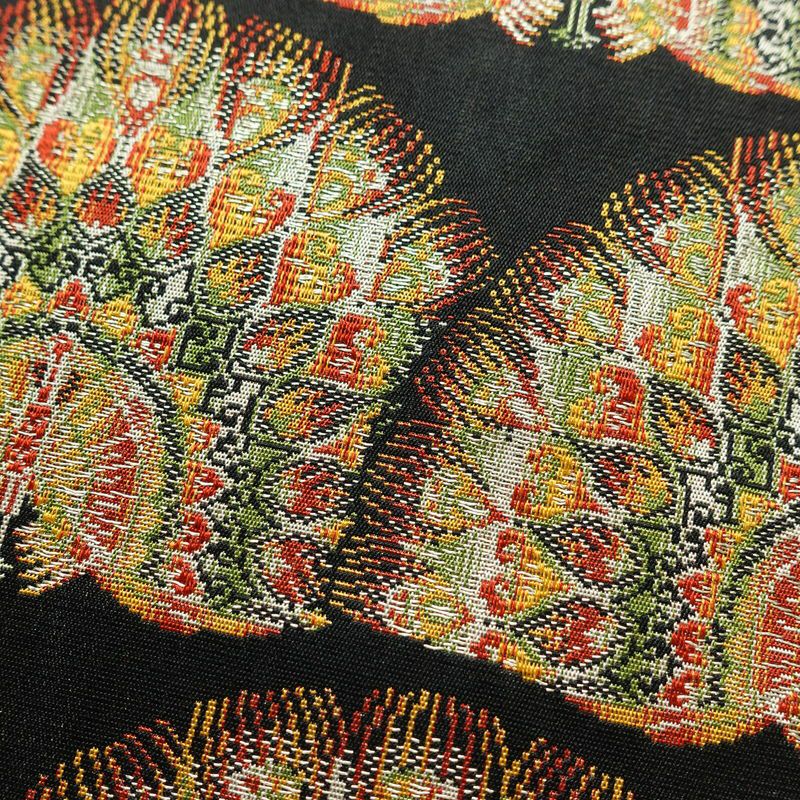 名古屋帯 全通柄 良品 正絹 人物・動物柄 名古屋仕立て 孔雀 帯 黒_画像3