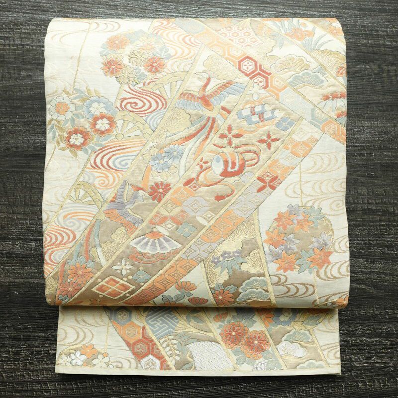 袋帯 本金二重箔 扇面花鳥 文六通柄 良品 着物月花