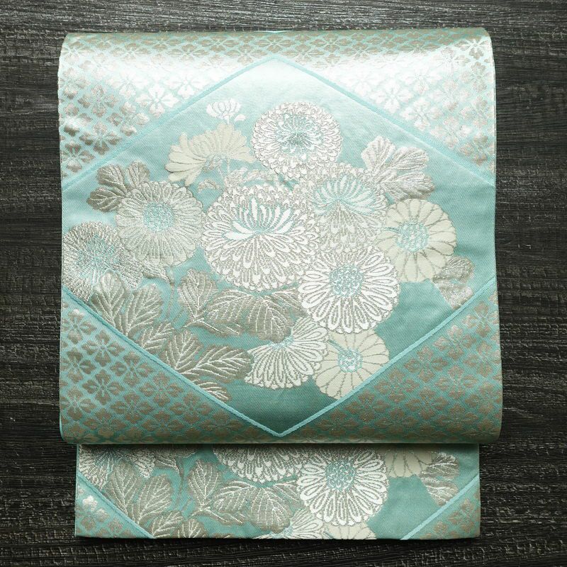 袋帯 六通柄 フォーマル用 正絹 菊 花柄 箔 帯 青・紺_画像1