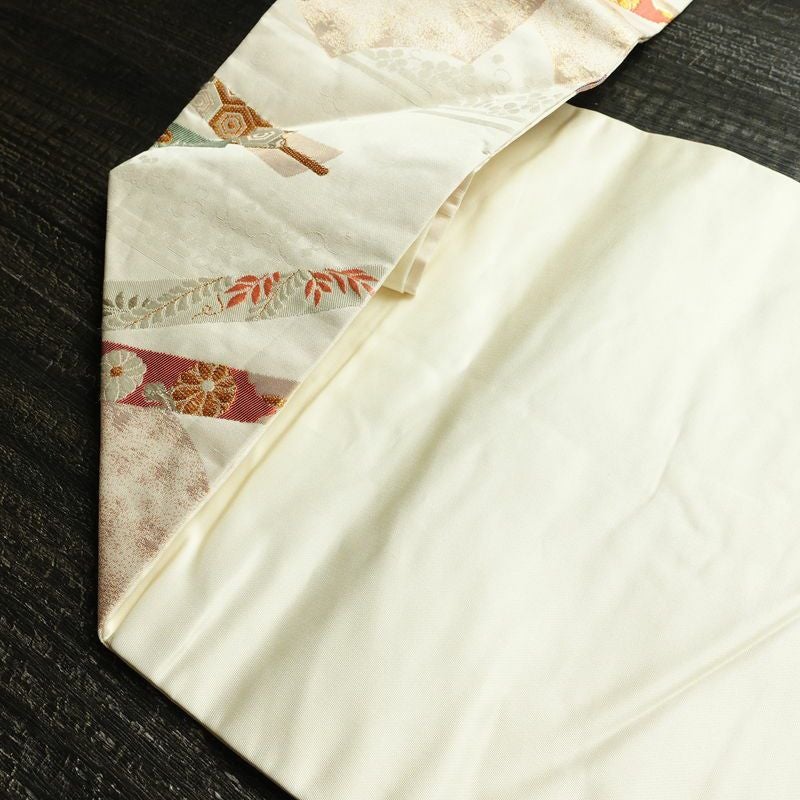 名古屋帯 六通柄 正絹 古典柄 名古屋仕立て 箔 金糸 銀糸 扇子 帯 クリーム_画像19