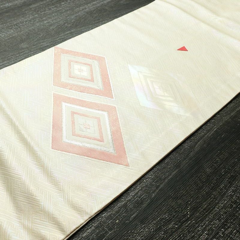 名古屋帯 太鼓柄 正絹 幾何学柄・抽象柄 名古屋仕立て 箔 銀糸 帯 白_画像10