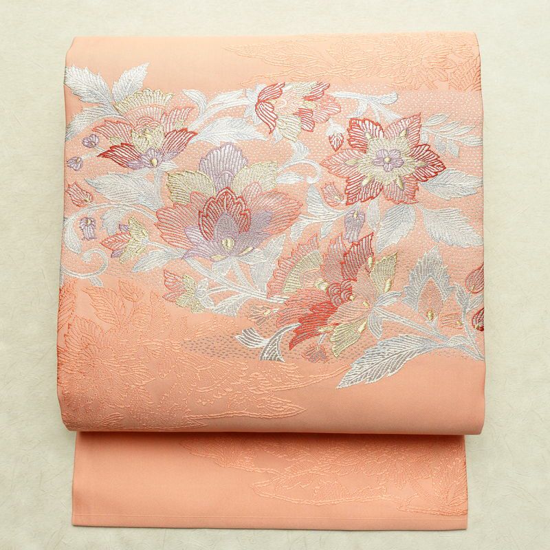 名古屋帯 太鼓柄 良品 正絹 花柄 名古屋仕立て 金糸 銀糸 帯 ピンク_画像1