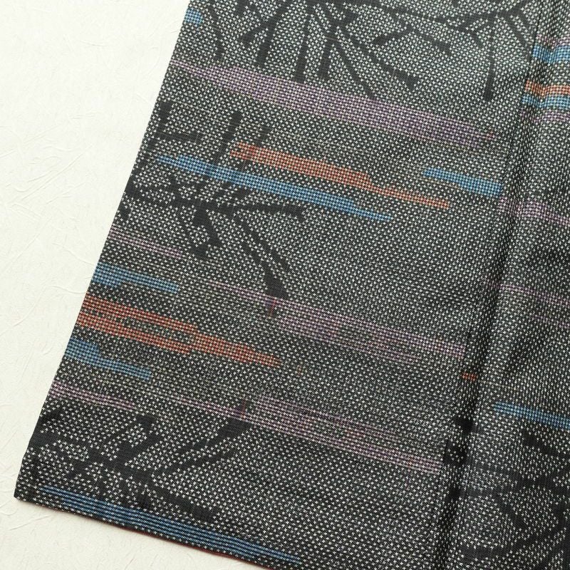 紬 正絹 木の葉・植物柄 袷仕立て 身丈152cm 裄丈63.5cm 着物 グレー_画像12