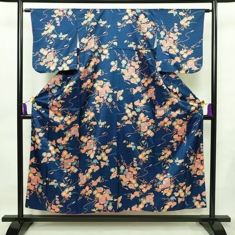 小紋 ポリエステル 古典柄 袷仕立て 身丈153cm 裄丈63.5cm 着物 青・紺_画像1