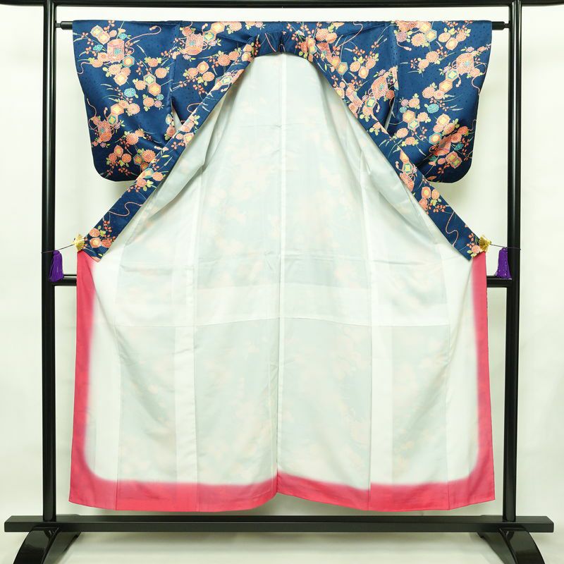 小紋 ポリエステル 古典柄 袷仕立て 身丈153cm 裄丈63.5cm 着物 青・紺_画像3