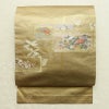 名古屋帯 太鼓柄 落款入り 正絹 木の葉・植物柄 名古屋仕立て 箔 金糸 帯 黄・黄土色_画像1