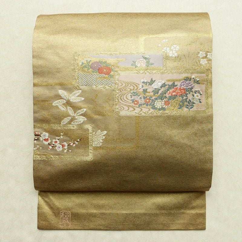 名古屋帯 太鼓柄 落款入り 正絹 木の葉・植物柄 名古屋仕立て 箔 金糸 帯 黄・黄土色_画像1