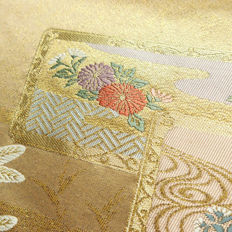 名古屋帯 太鼓柄 落款入り 正絹 木の葉・植物柄 名古屋仕立て 箔 金糸 帯 黄・黄土色_画像5