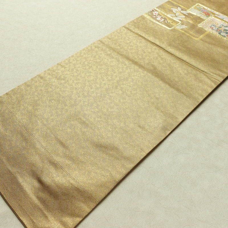 名古屋帯 太鼓柄 落款入り 正絹 木の葉・植物柄 名古屋仕立て 箔 金糸 帯 黄・黄土色_画像8