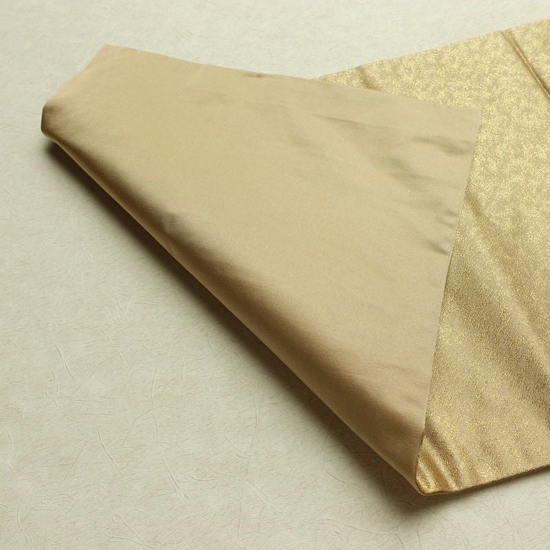 名古屋帯 太鼓柄 落款入り 正絹 木の葉・植物柄 名古屋仕立て 箔 金糸 帯 黄・黄土色_画像9