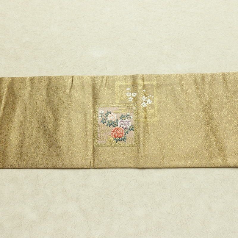 名古屋帯 太鼓柄 落款入り 正絹 木の葉・植物柄 名古屋仕立て 箔 金糸 帯 黄・黄土色_画像12