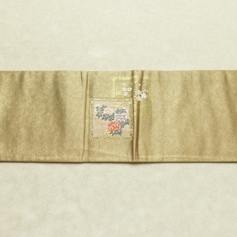 名古屋帯 太鼓柄 落款入り 正絹 木の葉・植物柄 名古屋仕立て 箔 金糸 帯 黄・黄土色_画像13