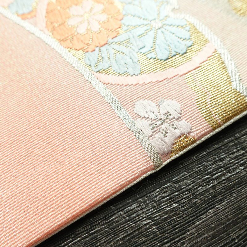 名古屋帯 太鼓柄 良品 正絹 古典柄 名古屋仕立て 箔 金糸 銀糸 帯 ピンク_画像10