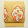 名古屋帯 太鼓柄 正絹 花柄 名古屋仕立て 箔 金通し 金糸 帯 黄・黄土色_画像1