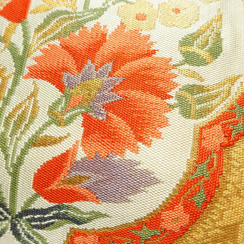 名古屋帯 太鼓柄 正絹 花柄 名古屋仕立て 箔 金通し 金糸 帯 黄・黄土色_画像3