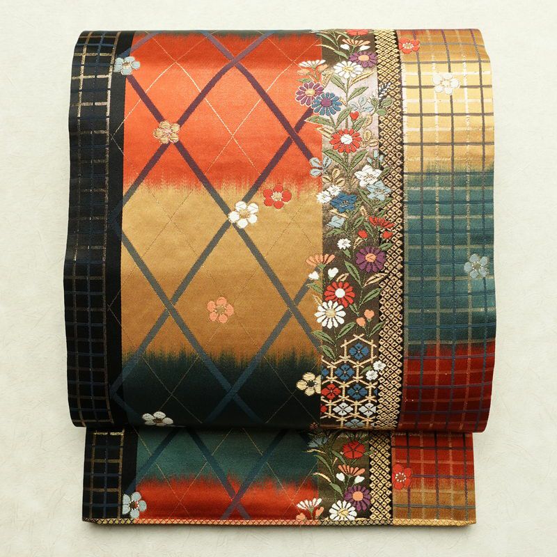 袋帯 リバーシブル 全通柄 美品 フォーマル用 正絹 花柄 箔 金糸 帯 多色使い_画像1