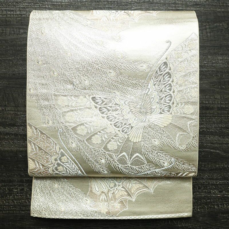 袋帯 六通柄 フォーマル用 正絹 蝶・昆虫柄 箔 銀糸 帯 クリーム_画像1