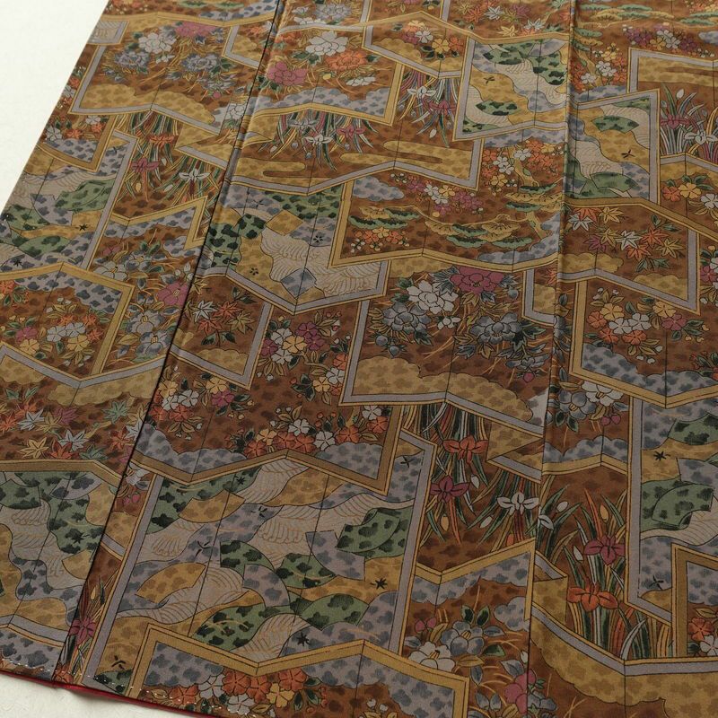 小紋 縮緬 総柄 正絹 古典柄 袷仕立て 身丈157cm 裄丈63.5cm 着物 茶_画像4