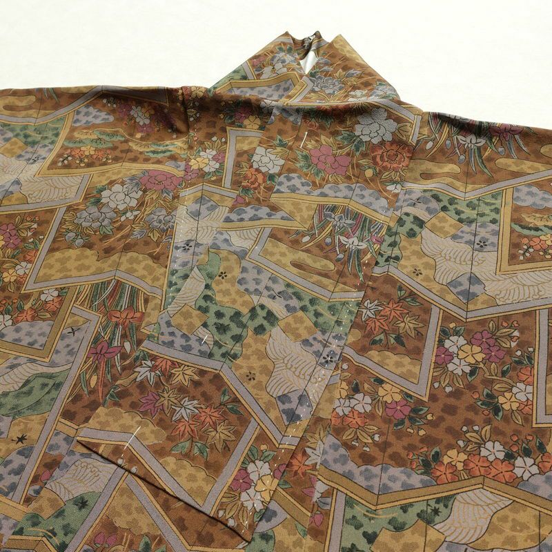 小紋 縮緬 総柄 正絹 古典柄 袷仕立て 身丈157cm 裄丈63.5cm 着物 茶_画像16