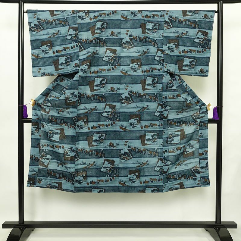 男性用 襦袢 美品 しつけ糸付き モスリン 風景柄 単衣仕立て 身丈134cm 裄丈66cm 青・紺_画像1