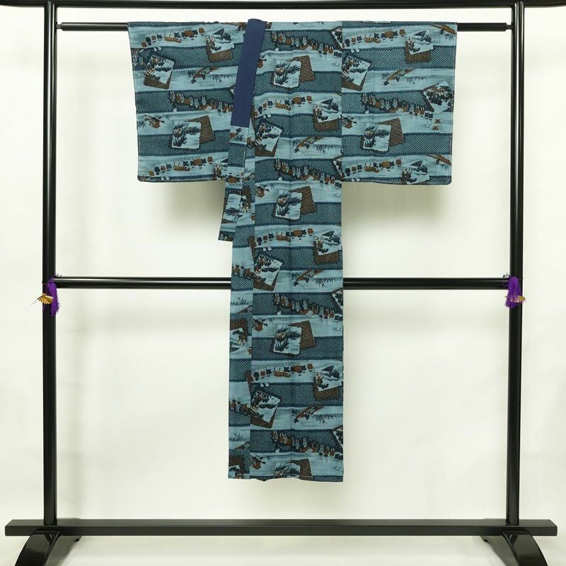 男性用 襦袢 美品 しつけ糸付き モスリン 風景柄 単衣仕立て 身丈134cm 裄丈66cm 青・紺_画像2