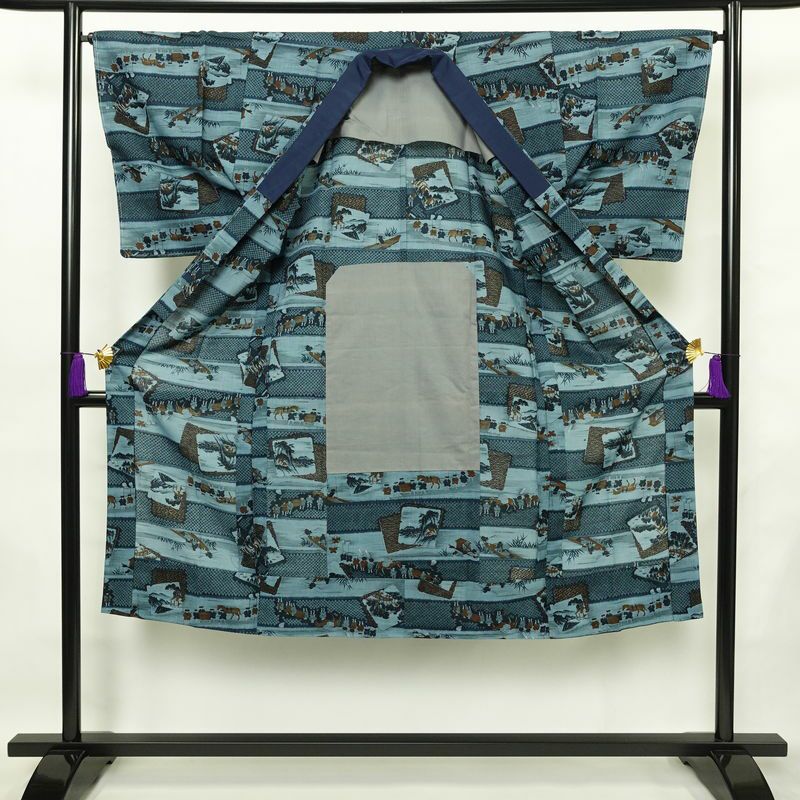 男性用 襦袢 美品 しつけ糸付き モスリン 風景柄 単衣仕立て 身丈134cm 裄丈66cm 青・紺_画像3